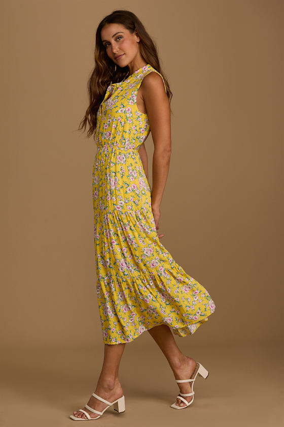 Yellow Floral Print Dress - Tiered Midi Dress - Sleeveless Dress - Lulus