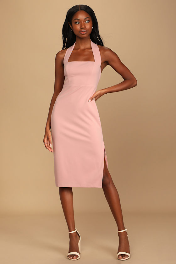 Extra Elegance Blush Pink Halter Bodycon Midi Dress 1