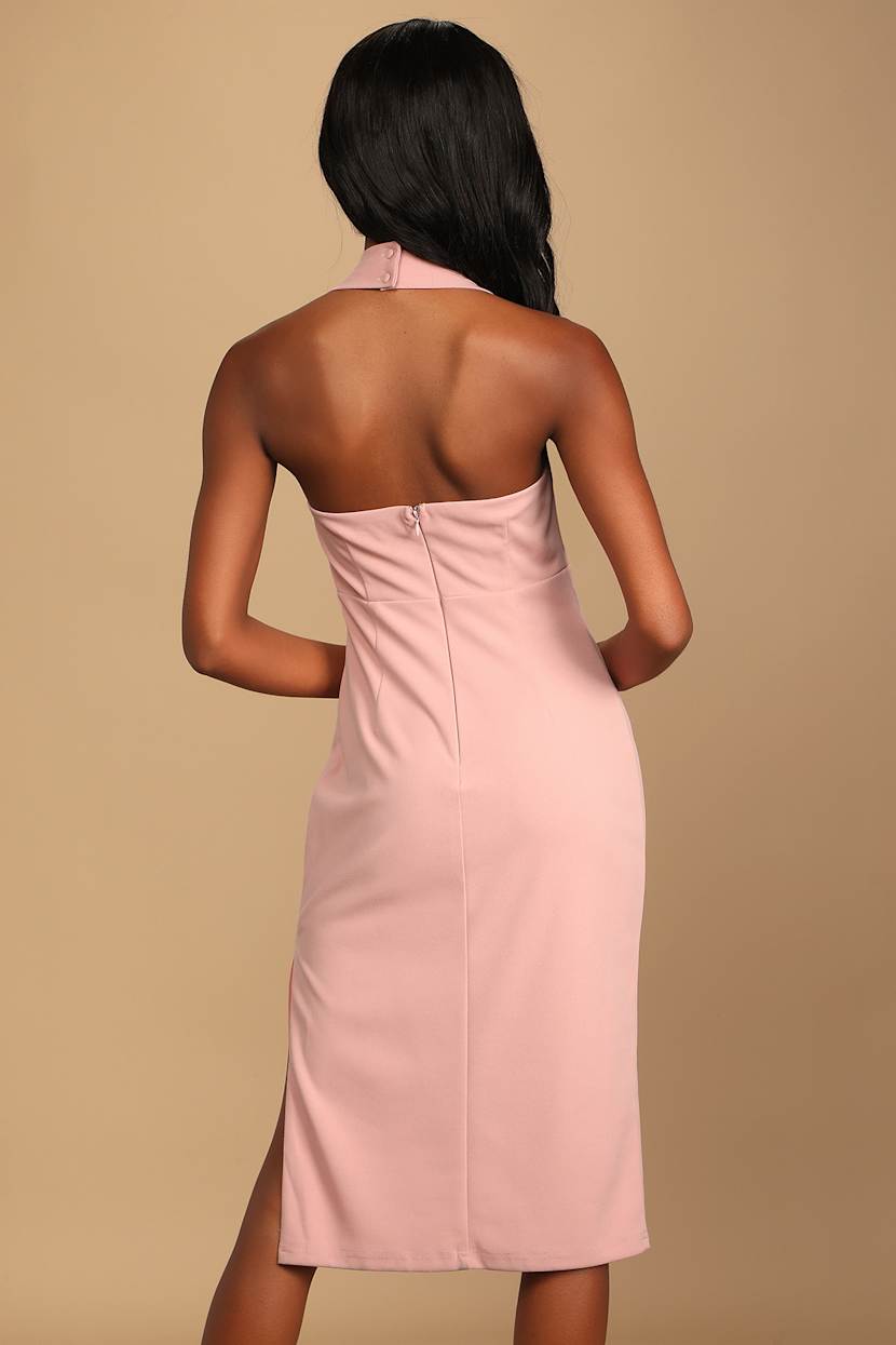 blush bodycon midi dress Zapakasa Women Blush Pink Satin Midi Mother of the Bride Dress with Lace  V-Neck Bodycon Wedding Guest Dress with Sleeves
