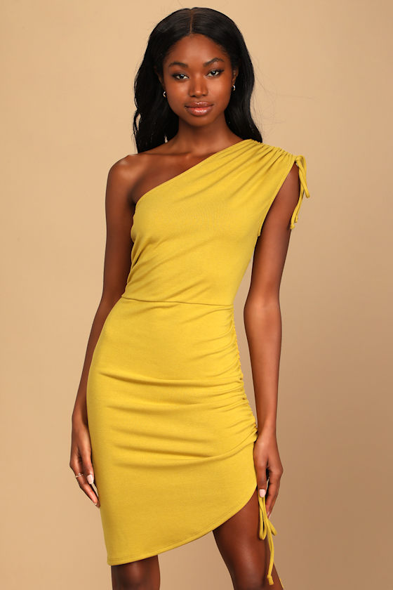 Total Upgrade Mustard Yellow Ruched One-Shoulder Midi Dress 6