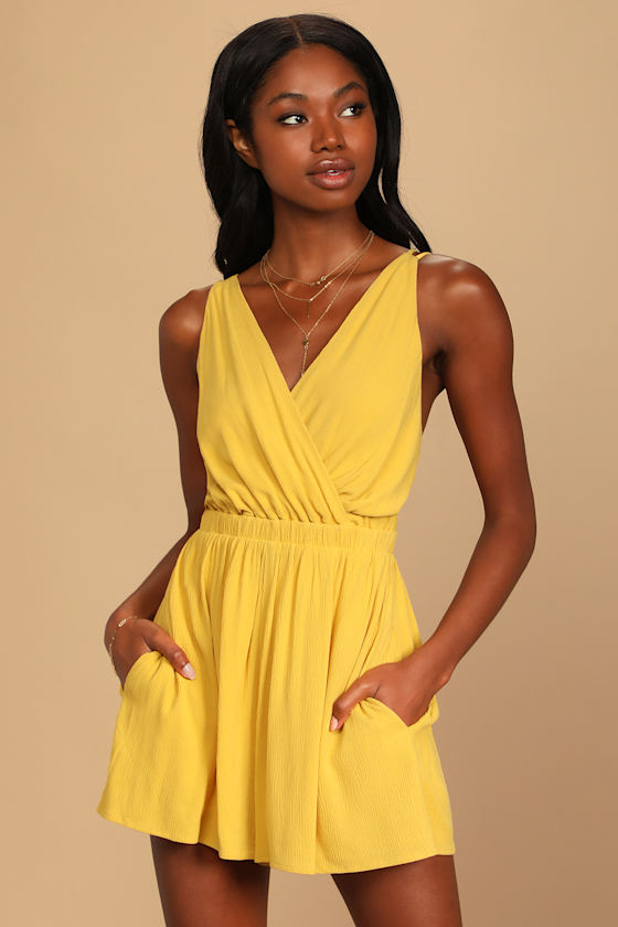 Mustard Yellow Romper Strappy Back Romper Sleeveless Romper Lulus