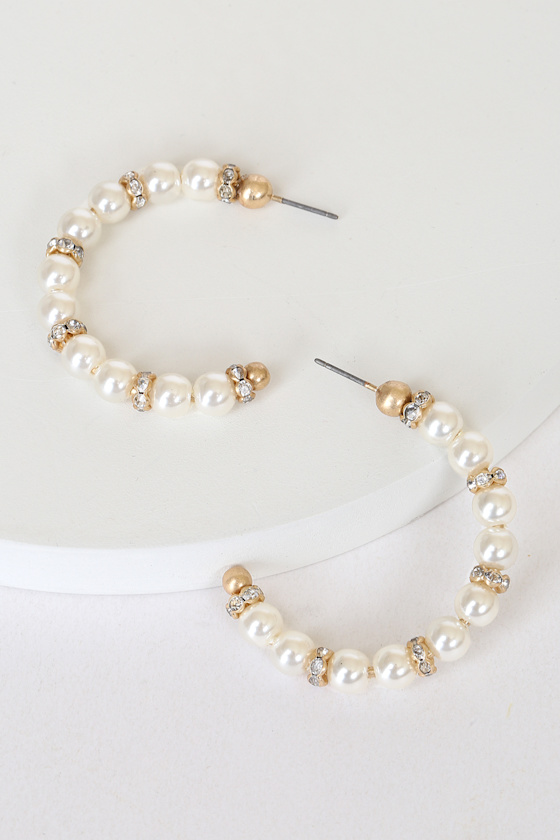 One for All White Pearl Rhinestone Hoop Earrings 1