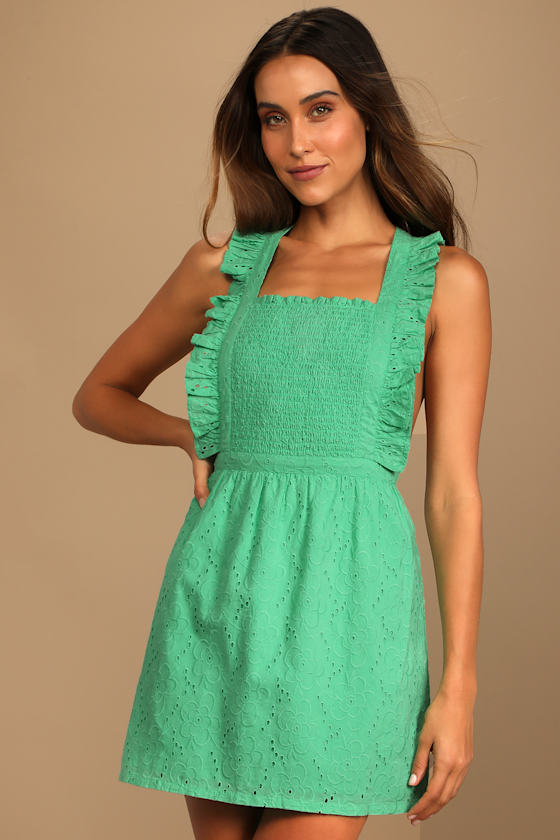 Green Eyelet Dress Ruffled Dress Backless Mini Dress Lulus