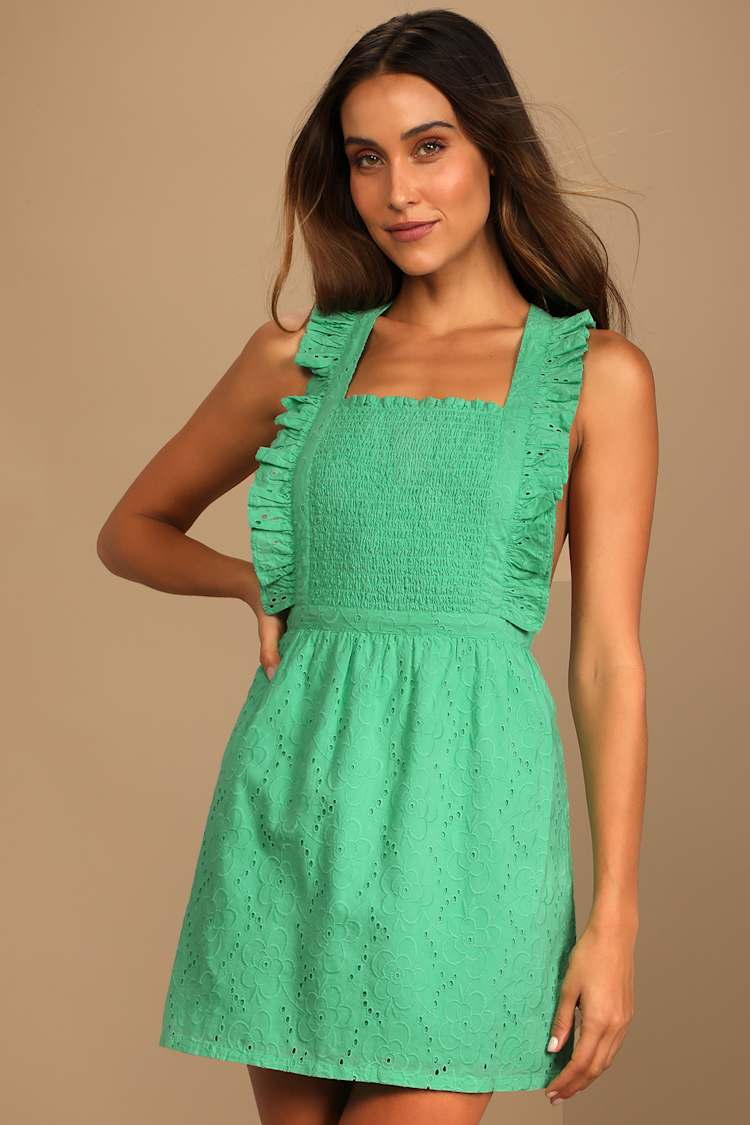 Green Eyelet Dress - Ruffled Dress - Backless Mini Dress - Lulus
