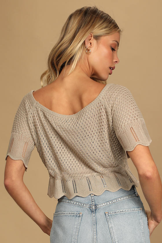 Taupe Knit Top - Short Sleeve Sweater Top - Cropped Sweater Top