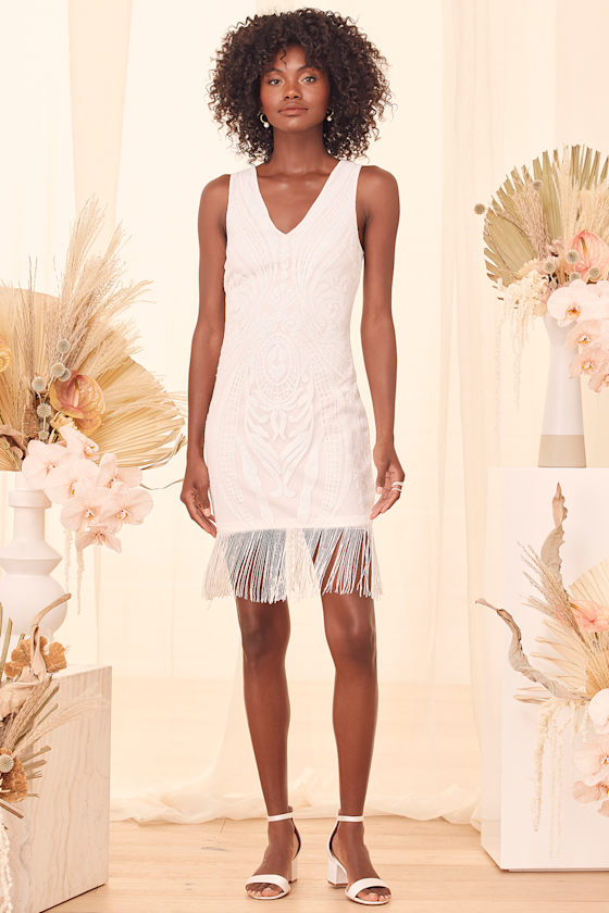 White Sequin Fringe Dress