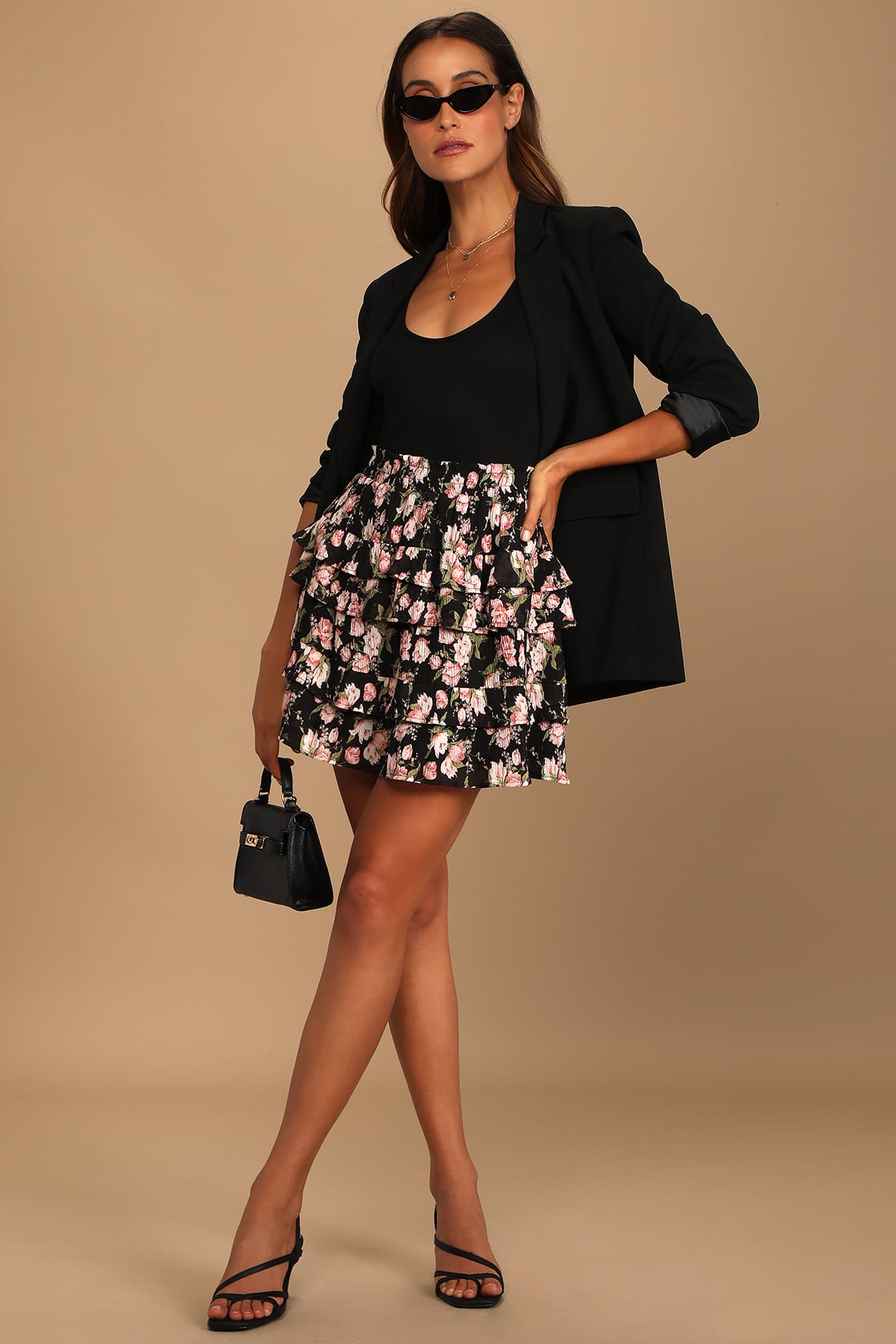 Flower and Glory Black Floral Print Pleated Tiered Mini Skirt