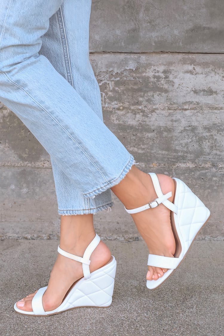 Tamera White Quilted Ankle Strap Wedge Sandals