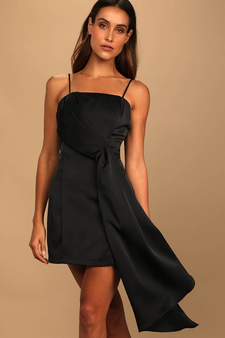 Romantic Allure Black Satin Asymmetrical Mini Dress