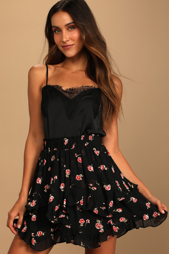 Black Floral Print Skirt - Tiered Mini Dress - Ruffled Skirt - Lulus