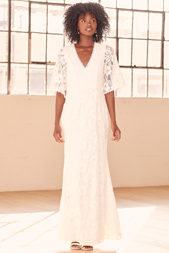 Wedding Belle White Lace Half Sleeve Mermaid Maxi Dress 4