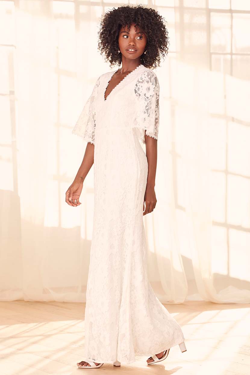 knee length dresses for ladies Arden White High-Neck Split Maxi Dress With Lace Sleeves – Club L London