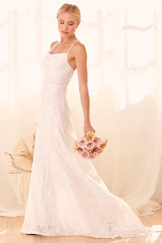 You and I White Lace Cowl Neck Lace-Up Mermaid Maxi Dress 5