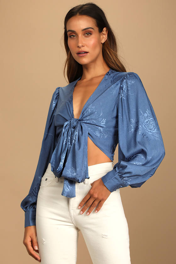 Highly Iconic Blue Satin Jacquard Tie-Front Crop Top 8