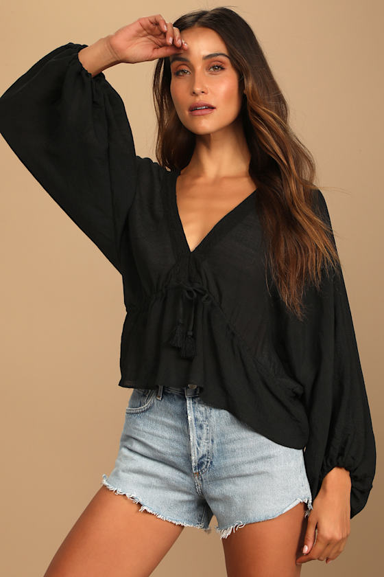 Black Batwing Top - Drawstring Top - Blousy Top - V-Neck Top - Lulus