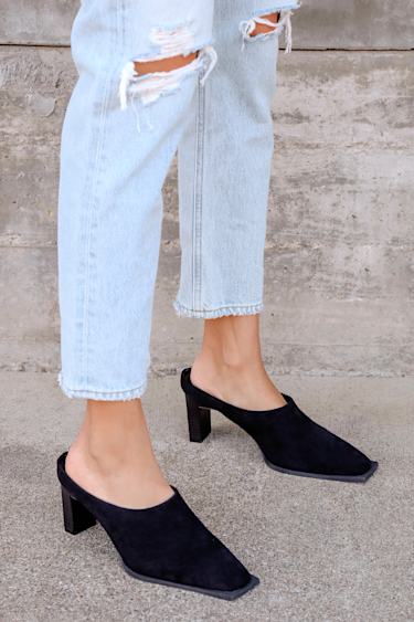 Zelah Black Suede Square Toe Mules