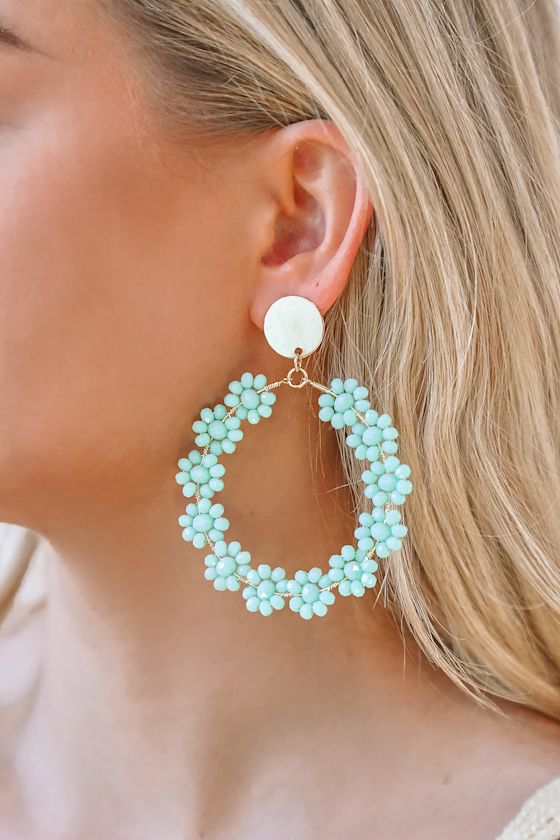 Mint Blue Beaded Earrings Hoop Earrings Beaded Hoops Lulus