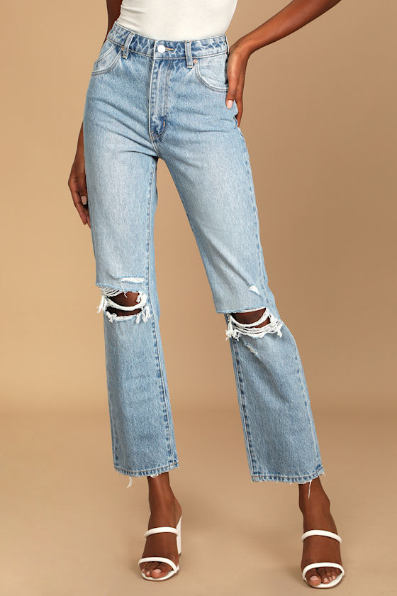 Original Straight Light Wash High Rise Distressed Denim Jeans 4