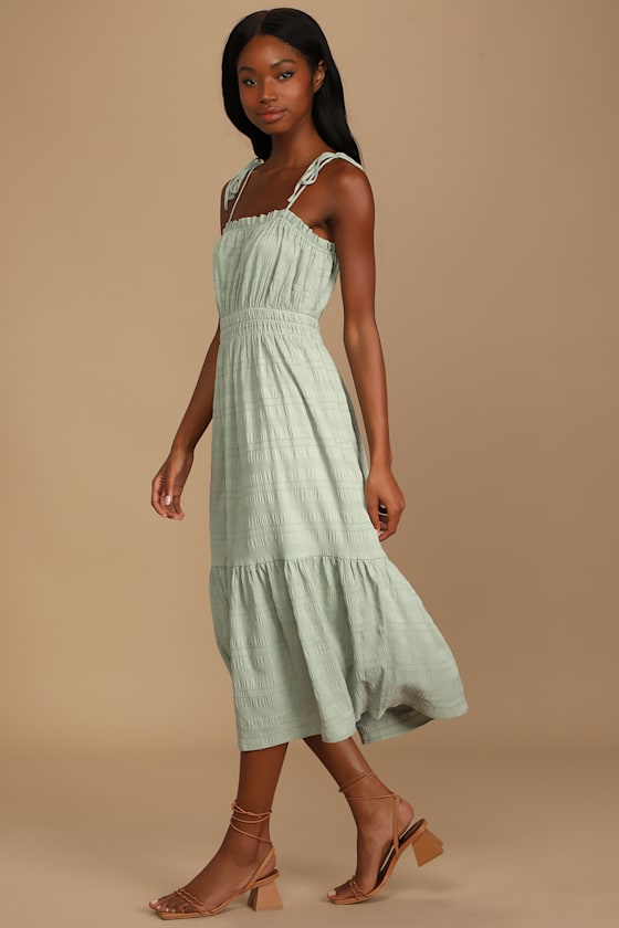 Sage Green Midi Dress Textured Dress TieStrap Dress Lulus