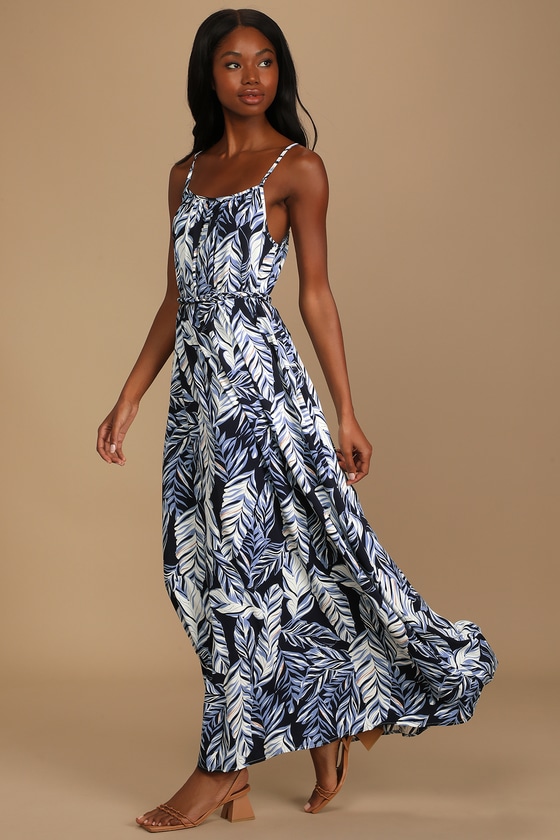 Navy Blue Leaf Print Dress - Maxi Dress - Flowy Maxi Dress - Lulus