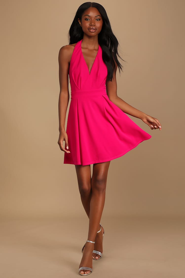Magenta Mini Dress - Halter Dress - Pleated Dress - Party Dress - Lulus