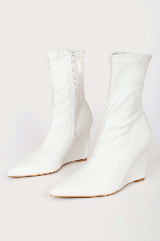 Saxton White Wedge Heel Sock Boots 4