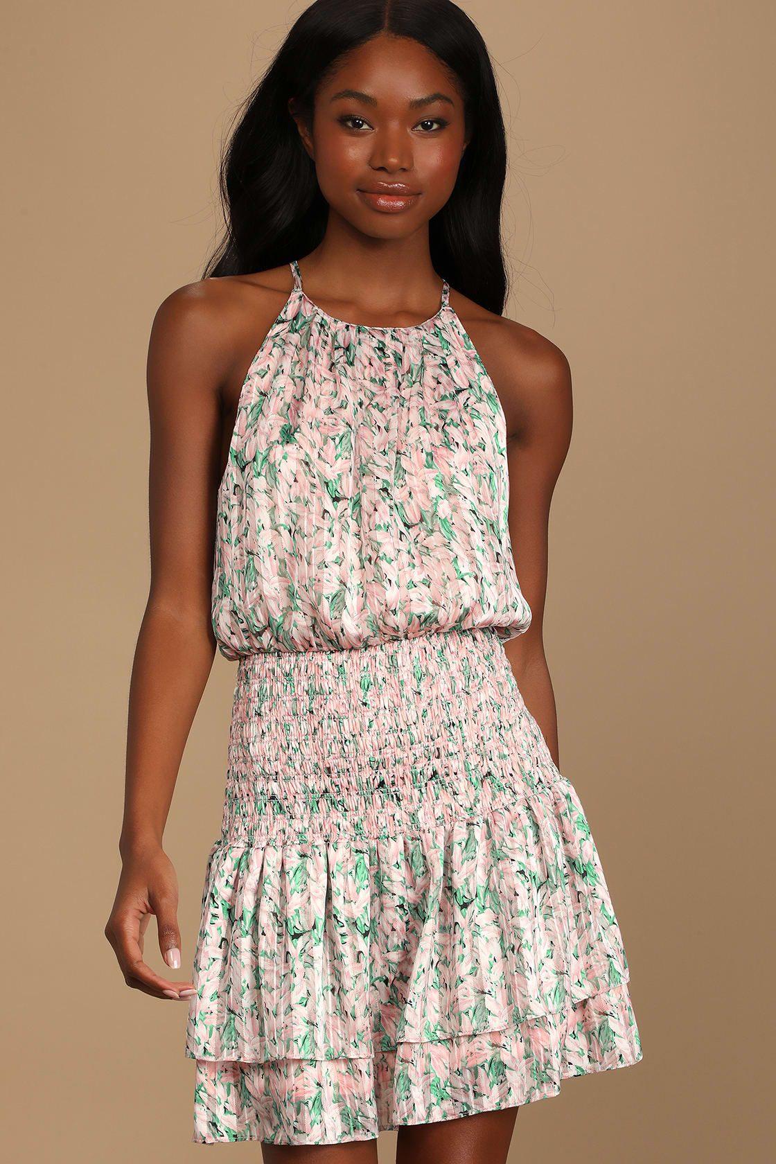 Pink Floral Print Dress - Smocked Mini Dress - Tiered Dress - Lulus