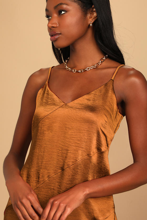 Brown Satin Dress - Satin Mini Dress - Shift Dress - Party