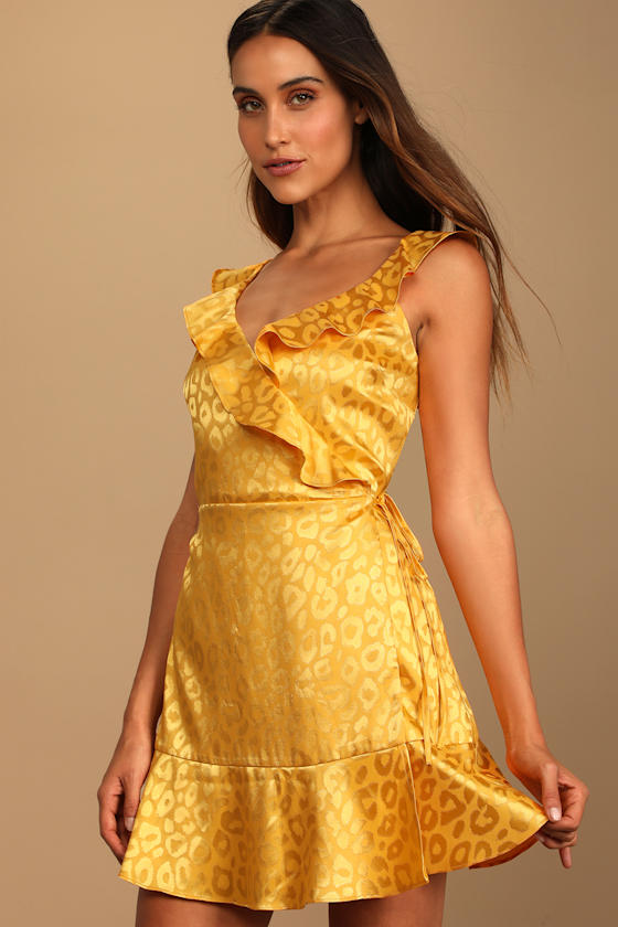 Feeling Ferocious Yellow Satin Jacquard Leopard Print Wrap Dress 4