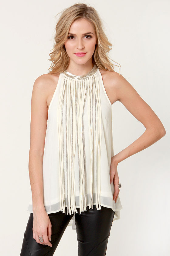 Leave it to Chain-ce Cream Beaded Fringe Top