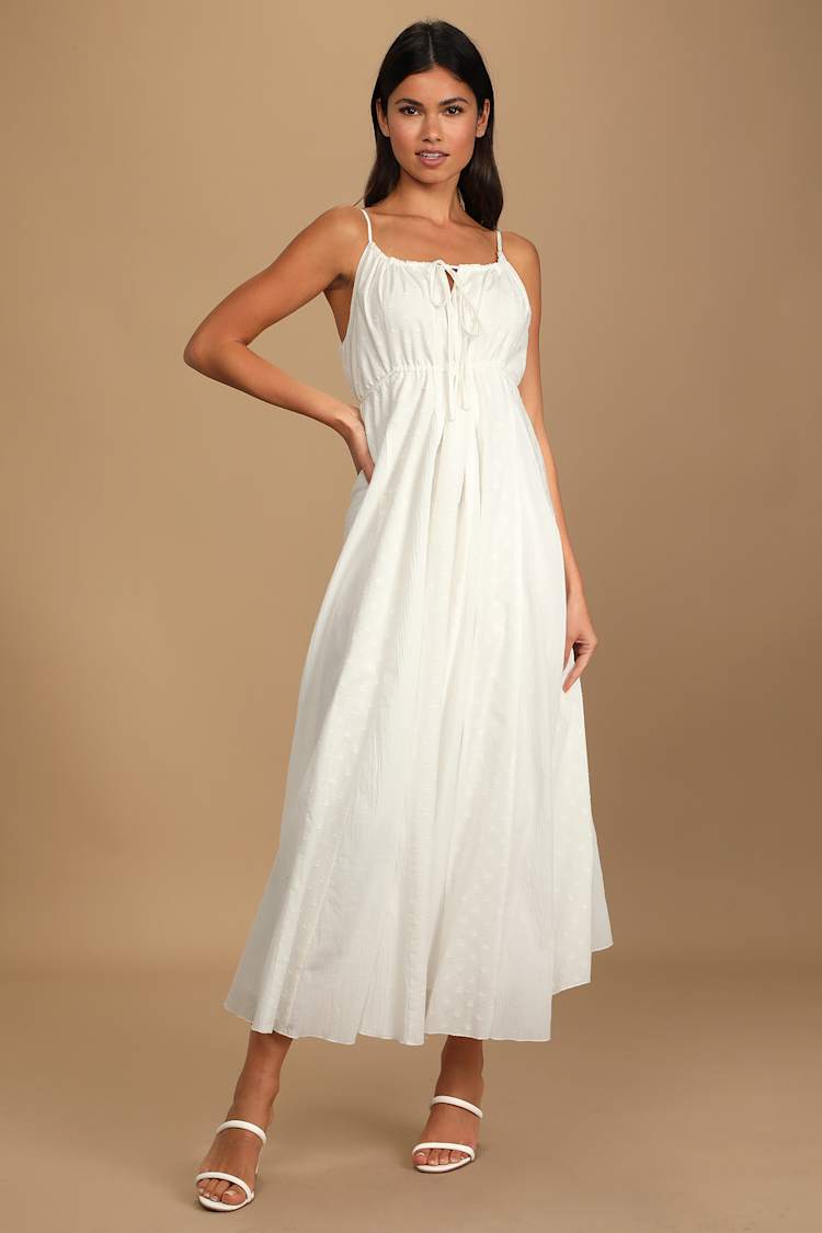 White Maxi Dress - Clipped Dot Dress - Drawstring Dress - Lulus White Maxi Dress - Clipped Dot Dress - Drawstring Dress - Lulus