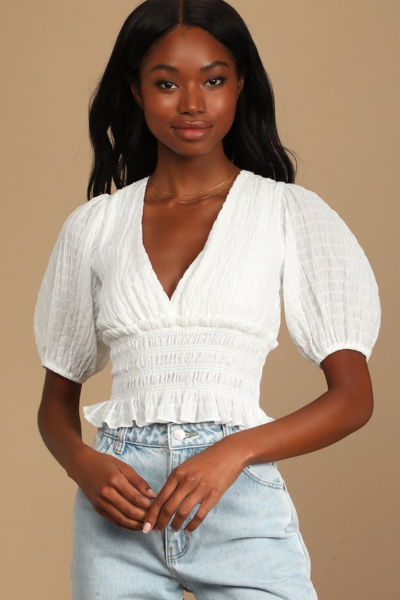 White Smocked Top - Puff Sleeve Top - Women's Tops - Crop Top - Lulus