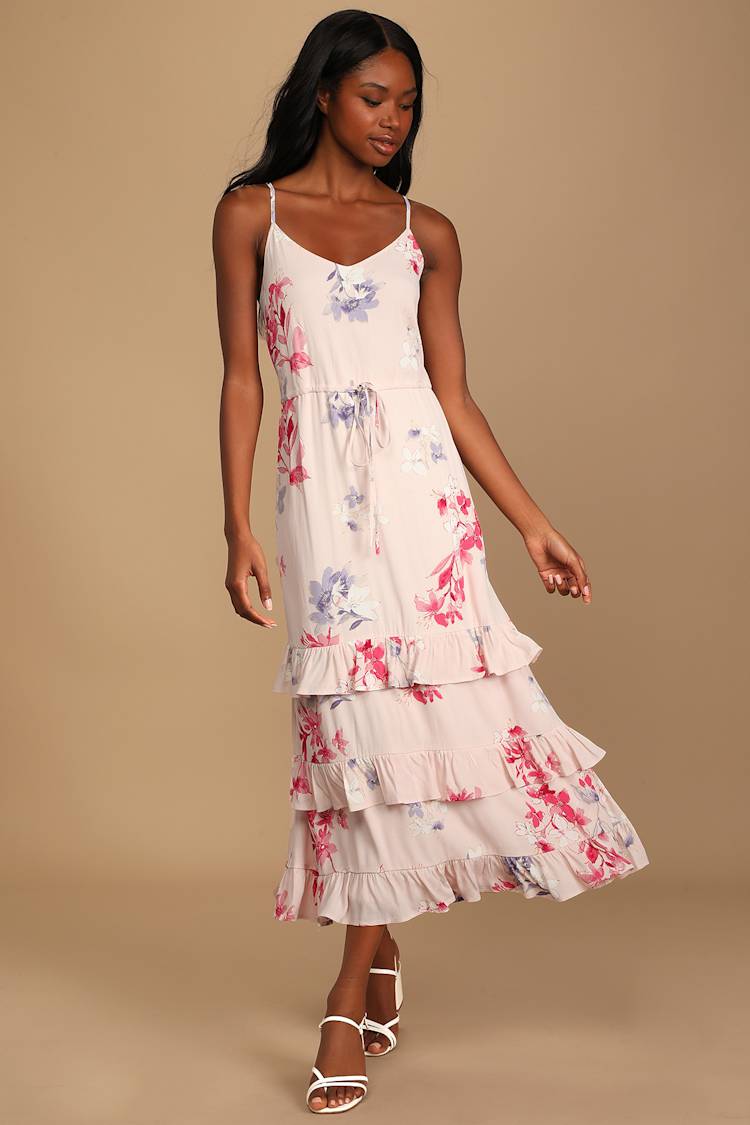 Pink Floral Print Dress - Tiered Midi Dress - Drawstring Dress - Lulus