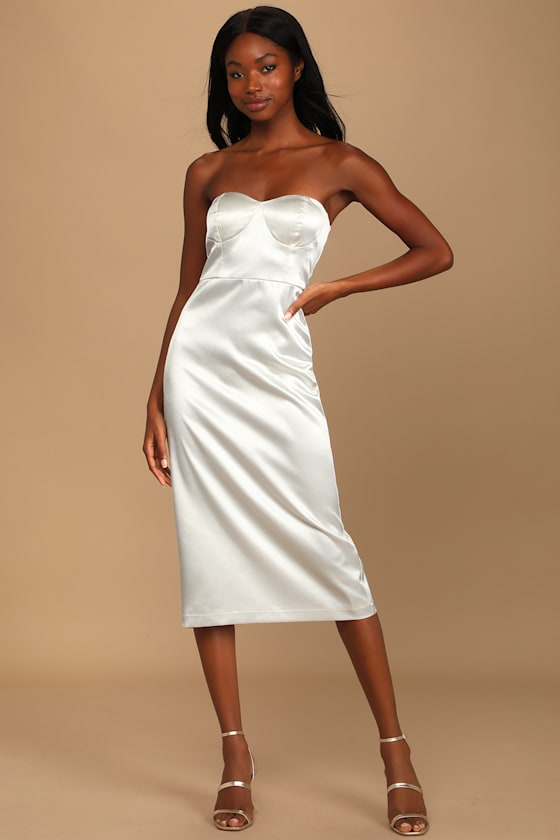 Party Attitude White Satin Strapless Midi Dress 2