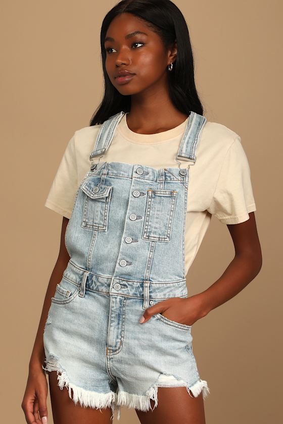 Elle Light Wash Distressed Denim Cutoff Short Overalls 4