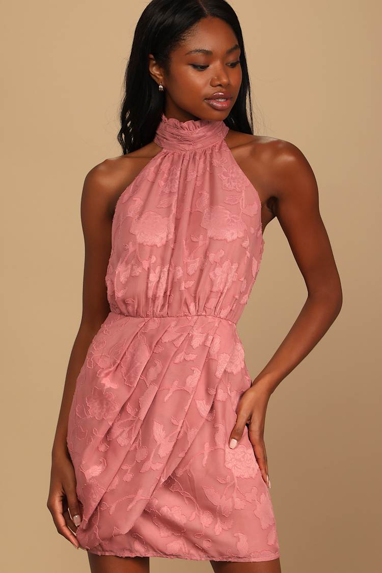 Rusty Rose Dress - Jacquard Floral Dress - Halter Mini Dress - Lulus