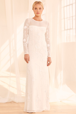 beaded party dress modest cape sleeeve round neck Long Sleeves Short Wedding Dress with Beaded Plunging Neckline –  loveangeldress main image 0