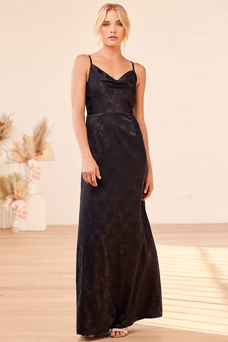 It's So Romantic Black Satin Jacquard Cowl Neck Maxi Dress It's So Romantic Black Satin Jacquard Cowl Neck Maxi Dress