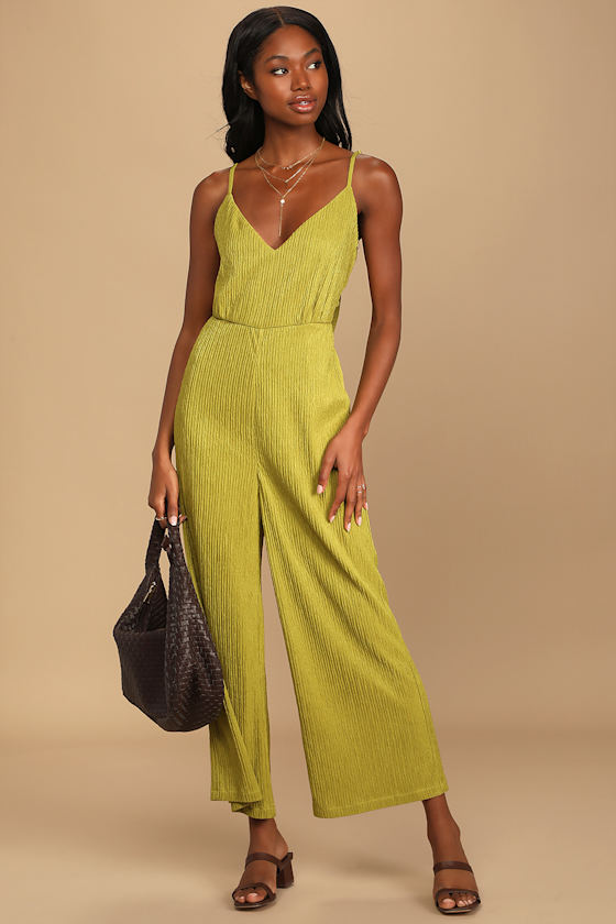 Get the Groove Chartreuse Crinkled Tie-Back Wide-Leg Jumpsuit 4