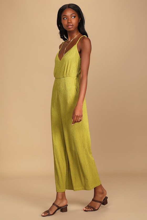 Get the Groove Chartreuse Crinkled Tie-Back Wide-Leg Jumpsuit 6