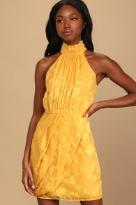 Chic Demeanor Yellow Floral Jacquard Halter Mini Dress