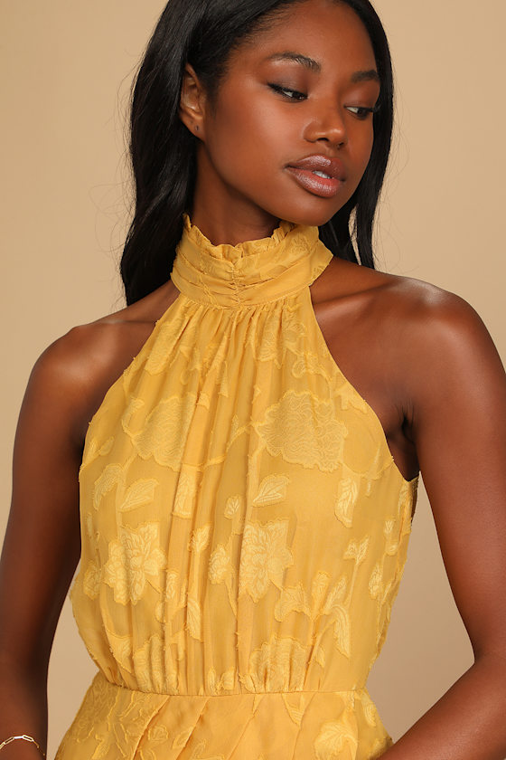 Floral Halter Double Layer Ruffle Mini Dress-Yellow main image 1