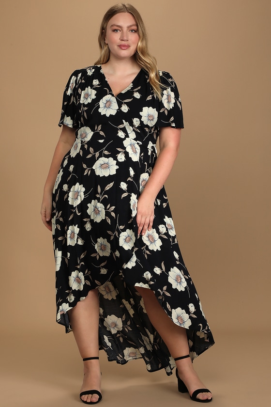 Navy Blue Floral Print Dress - Wrap Dress - High-Low Dress - Lulus