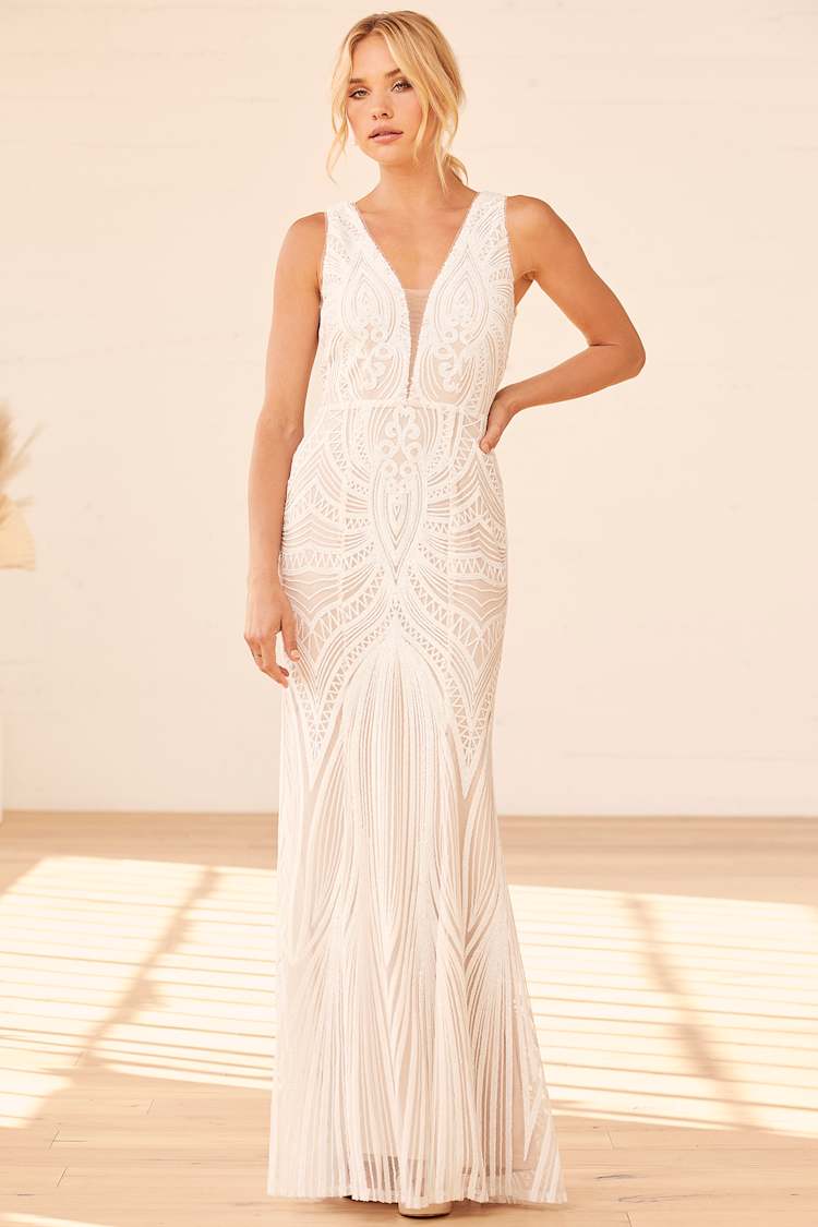 White Sequin Dress - Sequin Maxi Dress - Trumpet Hem Maxi Dress