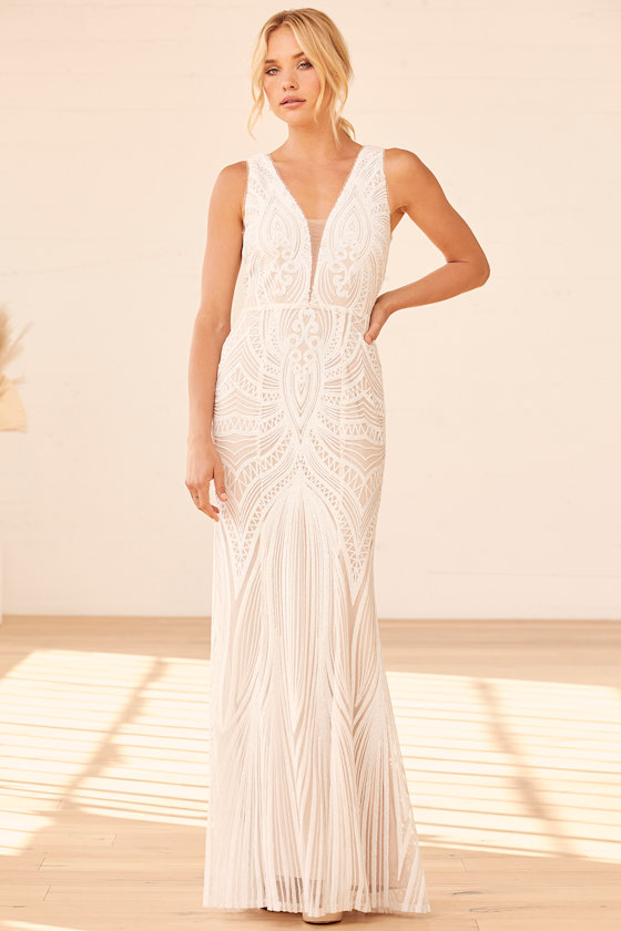 Splendorous Love White and Beige Sequin Trumpet Hem Maxi Dress 1