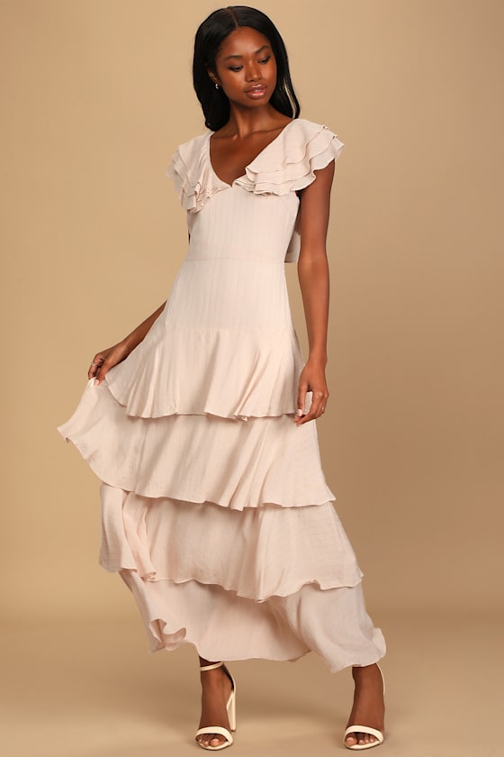 Tiering Up My Heart Shiny Blush Pink Ruffled Maxi Dress 1