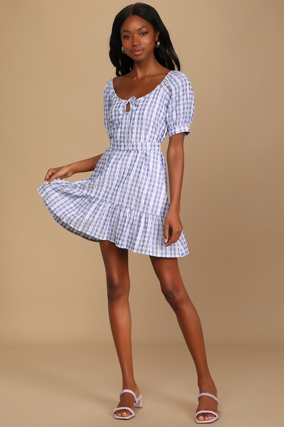Blue & White Plaid Dress - Plaid Mini Dress - Short Sleeve Dress - Lulus