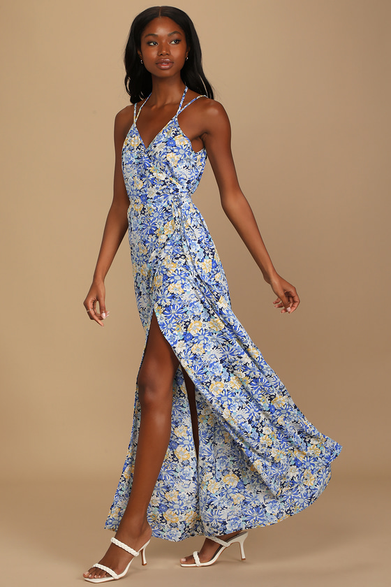 Blue Floral Print Dress - Wrap Maxi Dress - Woven Maxi Dress - Lulus