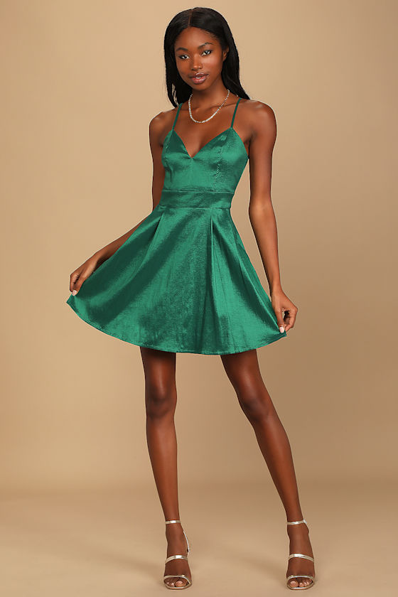Shiny Emerald Green Skater Dress - Skater Dress - Mini Dress - Lulus
