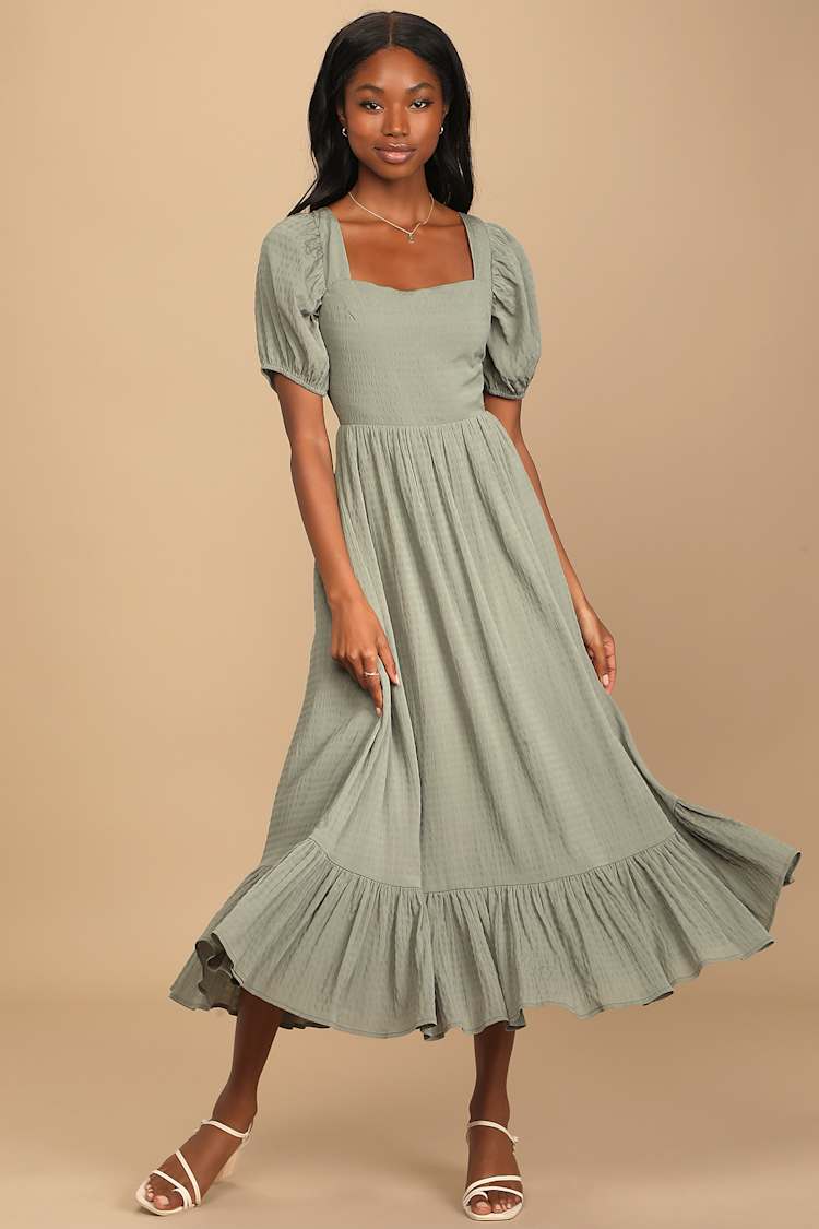 Olive Green Midi Dress - Puff Sleeve Dress - Tie-Back Midi Dress - Lulus